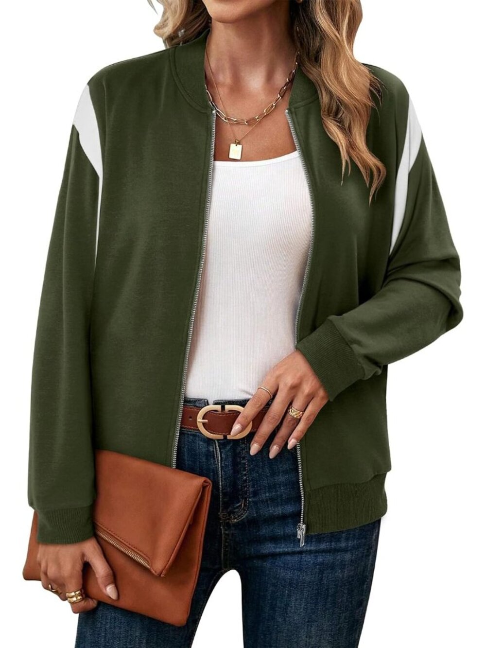 🆕 Women's Olive Green White Color Block Bomber Jacket Zip Up Casual Coat